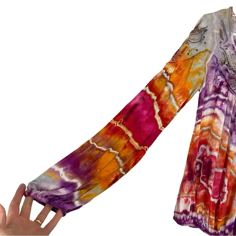 Free People Geode Tie Dye Top Blouse Womens XS Small Beaded Colorful Rainbow Tee